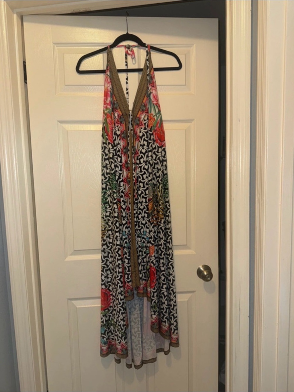 VENUS Black, White & Multicolor Halter Maxi Dress with Floral Trim